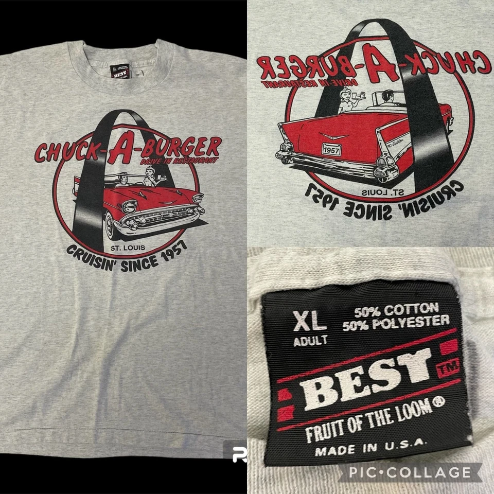 Vtg 80’s BEST Heather CHUCK A BURGER Front Back Cruisin MUSCLE CAR 50/50 T Shirt - Image 1 of 4