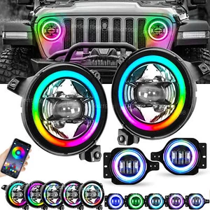 9" RGB Halo LED Headlights 4" Fog Combo for Jeep Wrangler JL Gladiator JT 2018+ - Bild 1 von 19