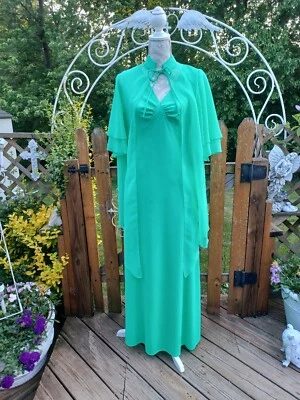 Maxi Vestido De Colección Poliéster Mediados de Siglo Años 60 70 Verde Lima Gasa ETIQUETA UNIÓN MCM Foto 1 de 4