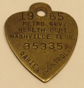 1965 Metro Gov. Gesundheitsabteilung Nashville, Tennessee Hundeetikett - TN Vintage - Bild 1 von 2