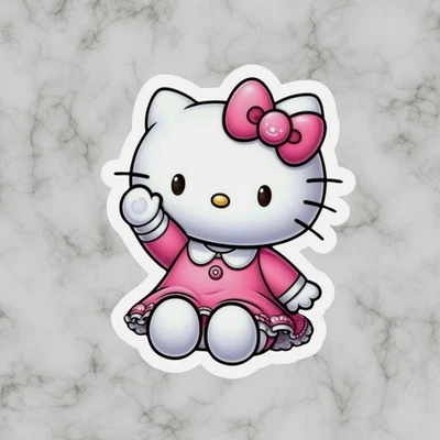 Kitty cat, Cute Fun Pink Waving Adorable Hello Glossy Vinyl sticker, Decal - Image 1 of 2