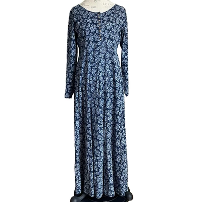 Vintage 90s Blue Floral L/S Maxi Dress Sz L Grunge Cottagecore Boho Whimsy - Image 1 of 4