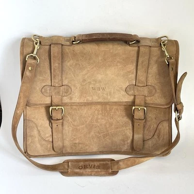 ORVIS Beige Marrón Cuero Maletín Laptop Bolso Mensajero Cartera Hecho en EE. UU. Foto 1 de 4