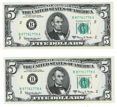 1963 A $5 Federal Reserve Note Nearly Consecutive UNC New York - Image 1 of 3
