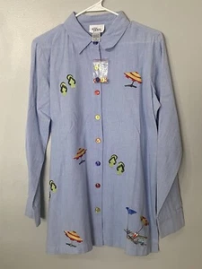 One Hanes Place Multicolor Embroidered Summer Button Down Collared Shirt Sz S/M - Picture 1 of 6