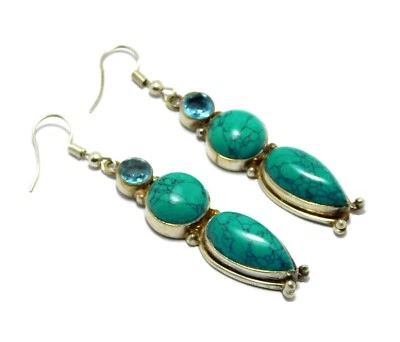 Orecchini turchesi in argento sterling 925 placcato pendenti fatti a mano gio... - Immagine 1 di 3