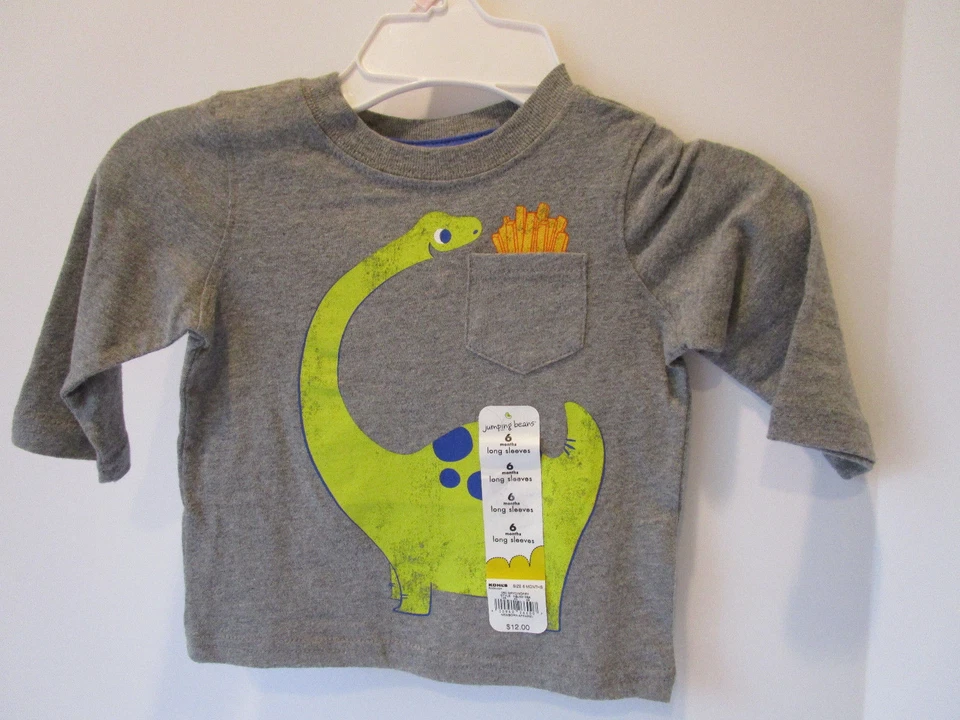 Niño Talla 6 Meses-Camiseta Dinosaurio Comiendo Patatas Fritas Manga Larga-NUEVA CON ETIQUETAS Foto 1 de 1