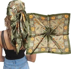 35" Large Square Satin Head Scarf Silk Hair Scarf Square Cashew - Picture 1 of 5