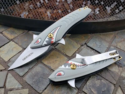 Small Silver Gray Gold Shark Bomb Spring Assisted Pocket Knife EDC Guys Ladies - Image 1 of 4