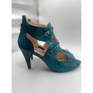 ASHRO Heels Open Toe Snake Print Buckle Accents Teal Blue Size 11M - Picture 1 of 5