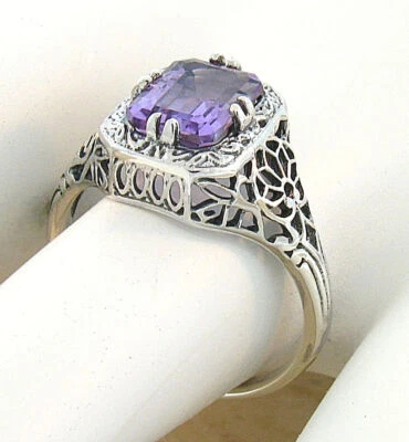 GENUINE 1.5 CT AMETHYST 925 STERLING SILVER DECO ANTIQUE  FILIGREE RING 677X - Image 1 of 3