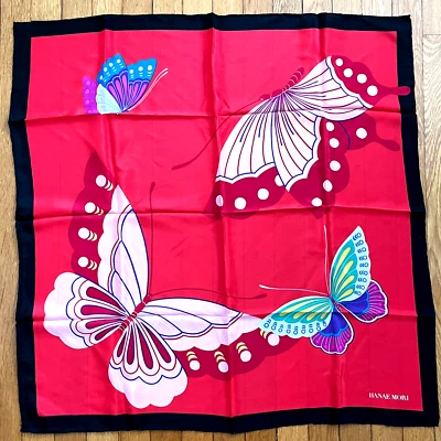 Hanae Mori Bufanda Mariposa Seda Rojo Vibrante Negro Rosa Púrpura 30" Dobladillo Enrollado C Foto 1 de 4