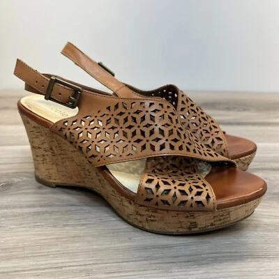 Sapatos de salto cunha plataforma festa Nicole feminino couro marrom slingback 8 M - Imagem 1 de 4