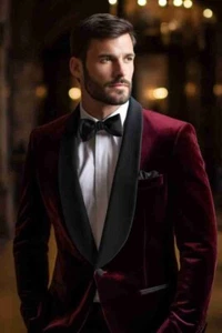 Para hombres Granate Terciopelo Cena Fumar Chaquetas Boda Esmoquin Cena Terciopelo Abrigo - Imagen 1 de 4