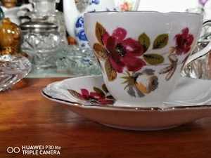 Vtg Delphine bone tea cup saucer Set China Red Roses On White  - Picture 1 of 11