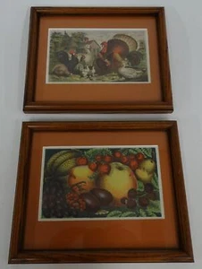 Pair Wood Framed Lithograph Prints Thanksgiving Autumn Burnt Orange Matte - Picture 1 of 7