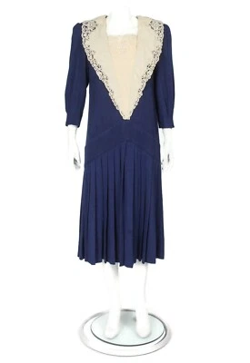 Винтажный NANCY JOHNSON платье темно-синий макси падение талии кружева Sailor воротник sz 12 /278 - Изображение 1 из 4