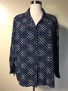 FASHION BUG Plus Size 26/28 Silky Blue White Print L/S Button Front Shirt - Picture 1 of 5