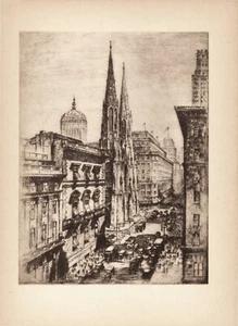 Anton Schutz Radierung "Fifth Avenue und St. Patrick's Cathedral" von 1939 - Bild 1 von 5