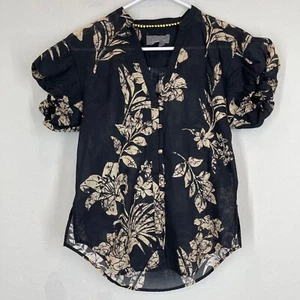 Anthropologie Top Women's XXS Bubble Sleeve Button Up Floral Black Tan Cotton - Picture 1 of 13