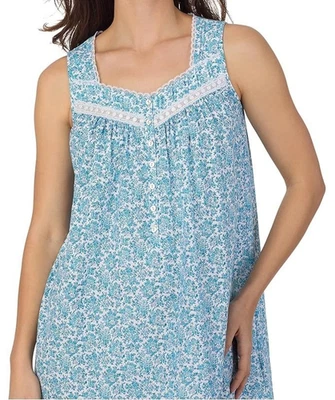 NWT Eileen West White/Aqua Blue MOSAIC FLORAL 40" Nightgown 1X 100% COTTON KNIT - Image 1 of 4