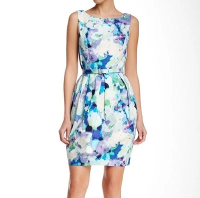 Eliza J Watercolor Belted Fit & Flare Cotton Dress Sz 10 Pockets Sleeveless - Image 1 of 4