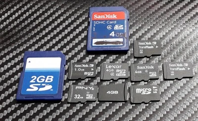 X10 MIcro SD Card + Full Size SDHC Memory JobLot Mixed 32GB 4GB 2GB 1GB 16MB - Image 1 of 3