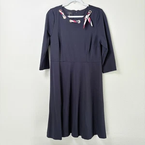 Vestido Talbots Ponte Fit & Flare Midi Talla 12 Azul Marino Ojal Bufanda Manga 3/4 - Imagen 1 de 11