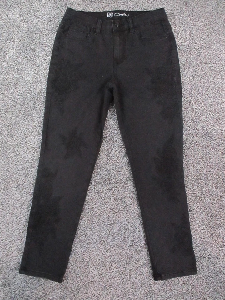 Pantalones de mezclilla para mujer DG2 Diane Gilman 6P negros florales bordados ajustados elásticos 27x27 Foto 1 de 4