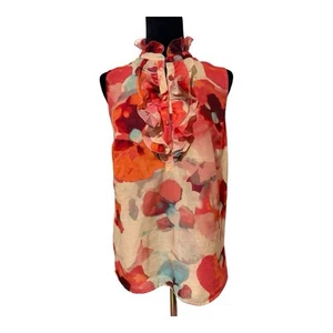 Blusa Loft Talla S Naranja Floral Cuello Volantes Sin Mangas Forrada con Botones Usada en Excelente Condición - Imagen 1 de 7