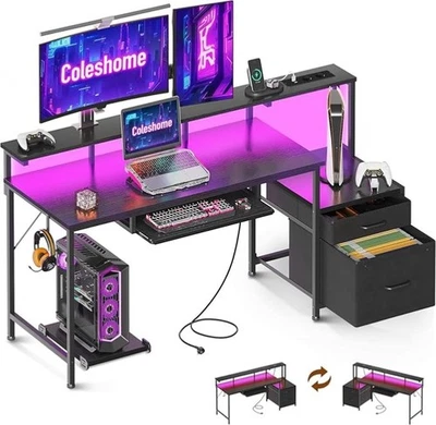 Gaming Tisch mit LED 140x48cm Schreibtisch mit Stoff Schubladen Computertisch - Bild 1 von 4