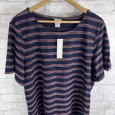 New Chico's Knit Top Embroidered Stripe Tee Navy Red White Stretch Size 3 XL - Image 1 of 4
