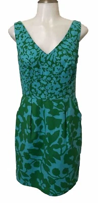 Beth Bowley Anthropologie Green Blue Floral Print Tank Sheath Dress Pockets “6” - Image 1 of 4