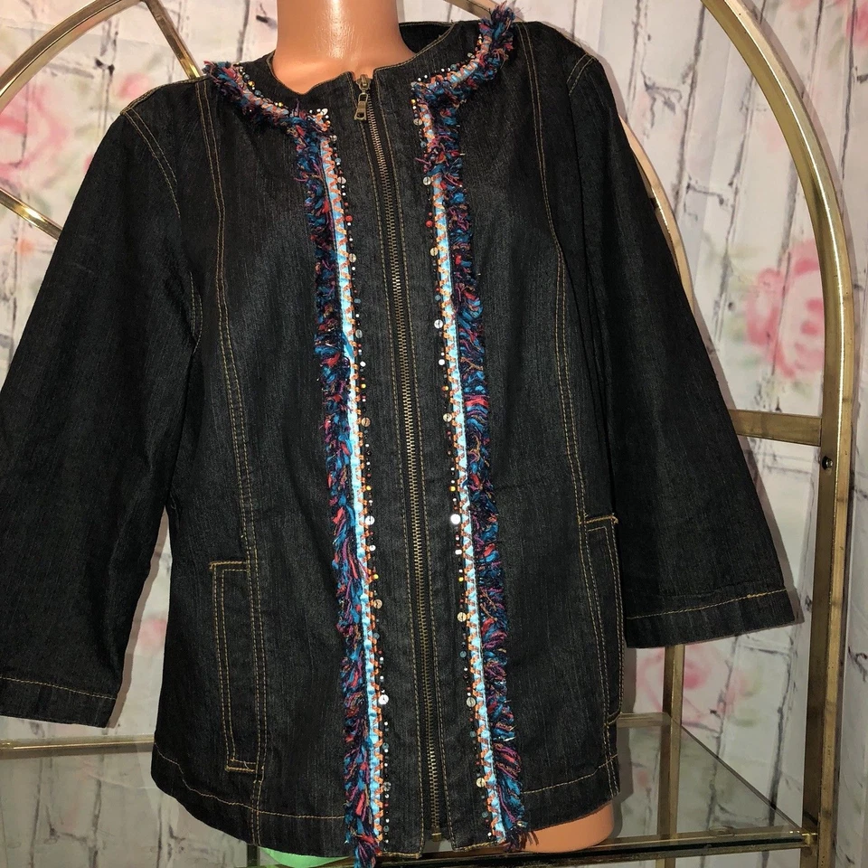Ruby Rd Womens 18W Plus Jacket Black Denim W Trim 3/4 Sleeve Zipper Front  - Image 1 of 4