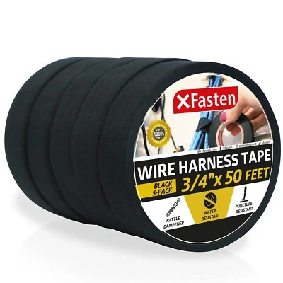 XFasten Wire Harness Tape, 3/4-Inch by 50-Foot (5-Pack), High Temp Wiring Loo...