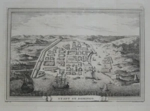 1755 Vogelperspektive Karte SANTO DOMINGO Hispaniola Kathedrale Galgen Hafen Schiffe - Bild 1 von 9