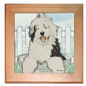 Old English Sheepdog Dog Kitchen Ceramic Trivet Framed in Pine 8" x 8" - Picture 1 of 1