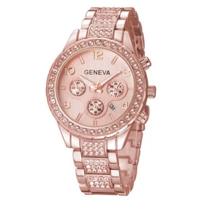 DATE Strass Analog Quarz Edelstahl Damen Armbanduhr + Geschenkbox - Bild 1 von 10