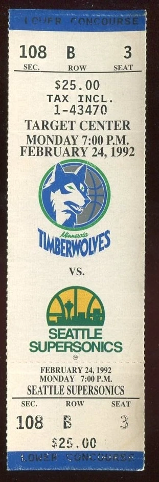 Ticket Basketball Minnesota Timberwolves 1991 - 92 2/24 Seattle Supersonics - Image 1 of 1