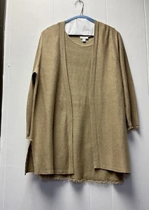 J. Jill Cardigan M Tan 2 Pc Tank Jacket Linen 90s Fringe Office core Boho Fairy - Picture 1 of 4