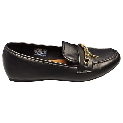 Nautica Lunara Comfort Loafers Womens 8.5 Black Gold Chain Charm Slip On EUC - Image 1 of 4