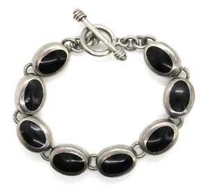 Vintage Mexico 925 Sterling Silver Oval Black Onyx Link Toggle Bracelet - Picture 1 of 5