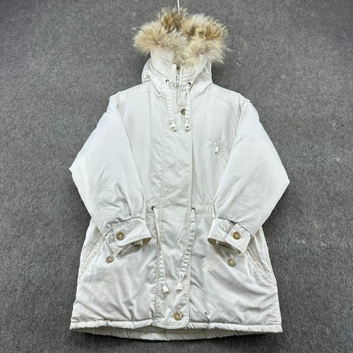 CANADA GOOSE VINTAGE Eddie Bauer giacca donna S bianco imbottito con cappuccio piumino d'oca pelliccia sintetica anni 90