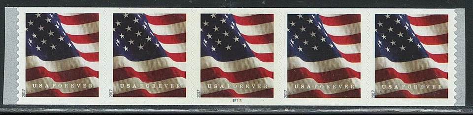 Mint US Strip of 5 Coil Flag Stamp with Pate# B1111,Scott# 5158 (MNH) - Image 1 of 1