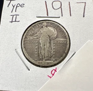 1917 P Type 2 Variety 25c Standing Liberty Silver Quarter Coin CH VG Very Good - Picture 1 of 6