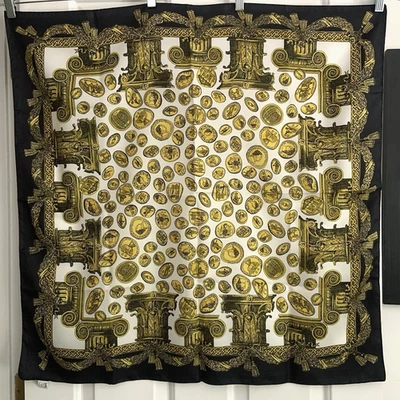 Vintage Totes Scarf Roman Coins and Columns White Yellow Black 31” Square - Image 1 of 4