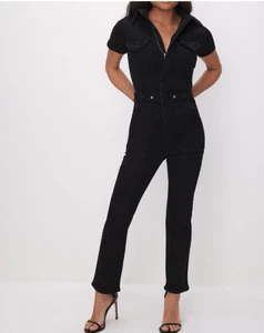 Good American Jumpsuit Schwarz Denim Kurzarm Größe M Neu - Bild 1 von 9