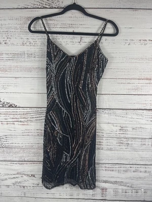 Vestido Sue Wong Mujer 4 Negro Cuentas a Mano Lentejuelas Cóctel Fiesta Correa Espagueti Foto 1 de 4