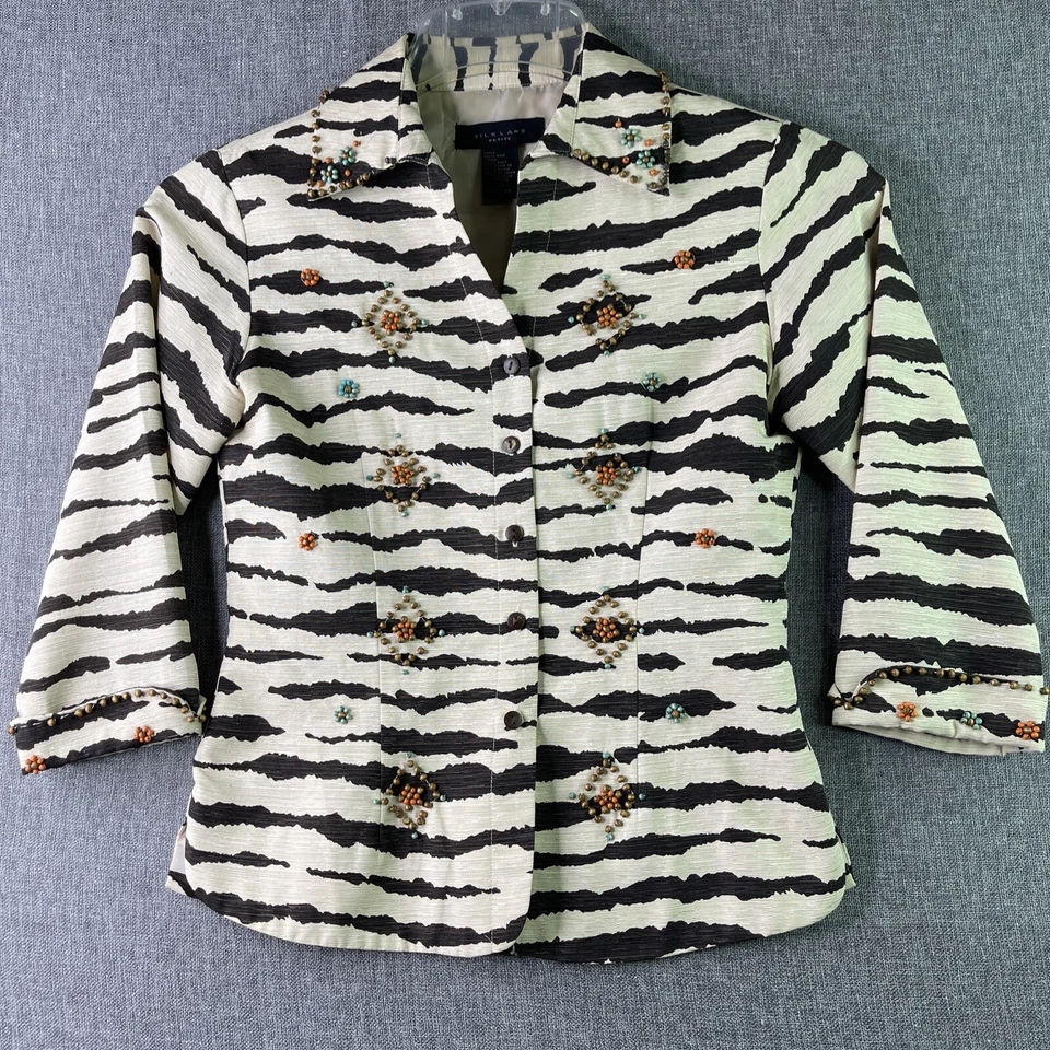 Silkland Womens Petite 2P Beaded & Embroidery Lined Blouse Animal Print WS25 - Image 1 of 4
