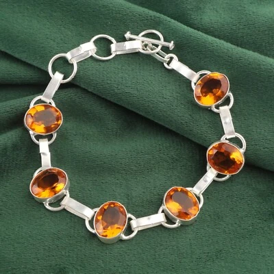 Natural Citrine Gemstone Chain Bracelet 925 Sterling Silver Jewelry For Women - Image 1 of 4